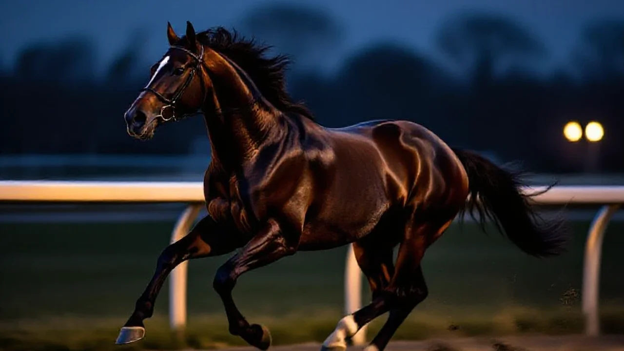 Pur-sang au galop au crépuscule