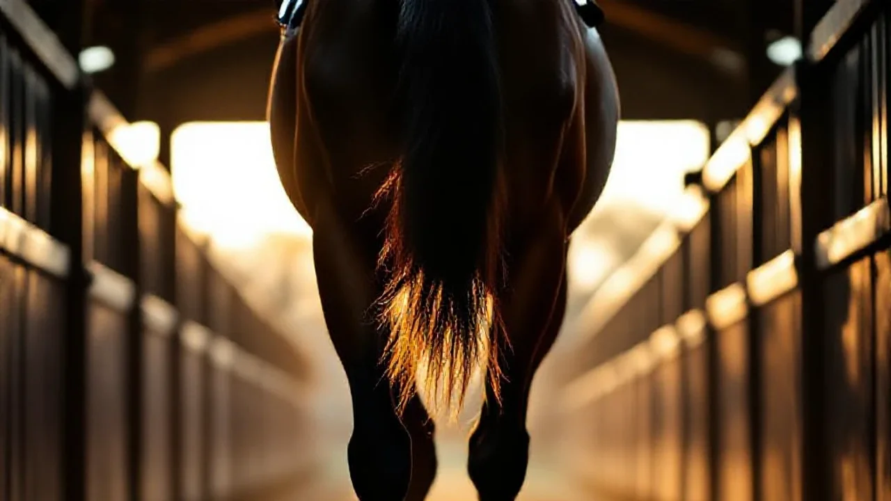 Arrière-train d’un cheval de course dans le paddock