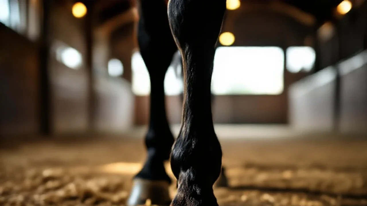 Sabot d’un cheval dans la litière de la stalle