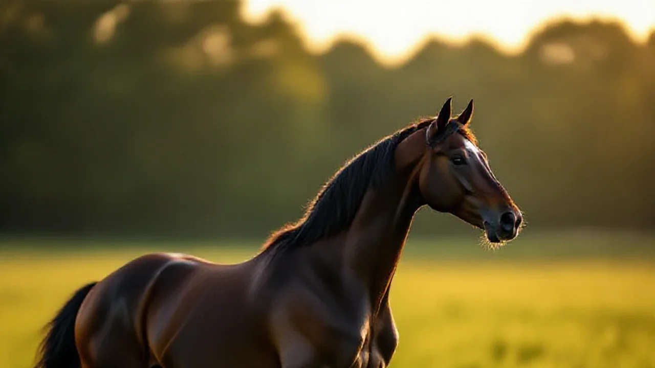 Cheval longiligne de profil dans un champ