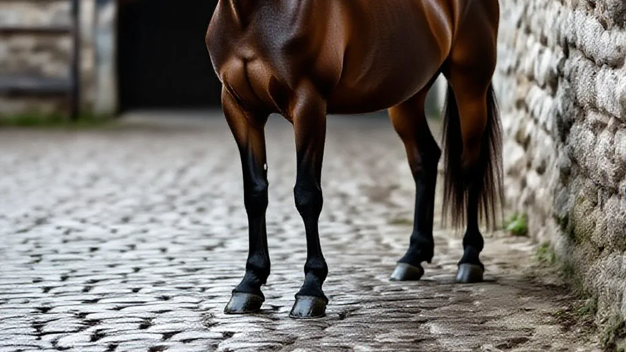 Cheval médioligne dans une cour d’écurie
