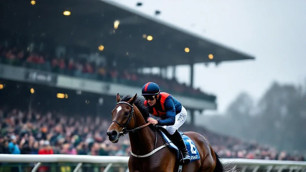 Cheval de course au galop sous la pluie