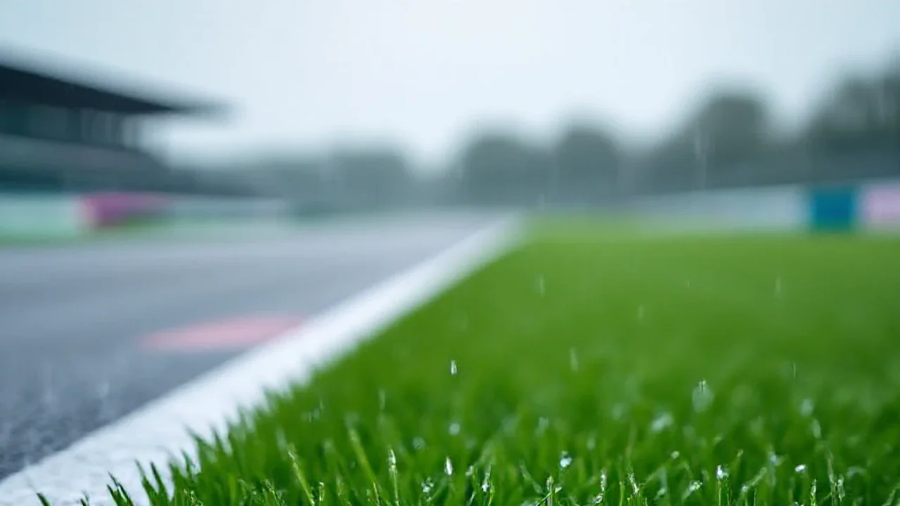 Pluie tombant sur le gazon de la piste