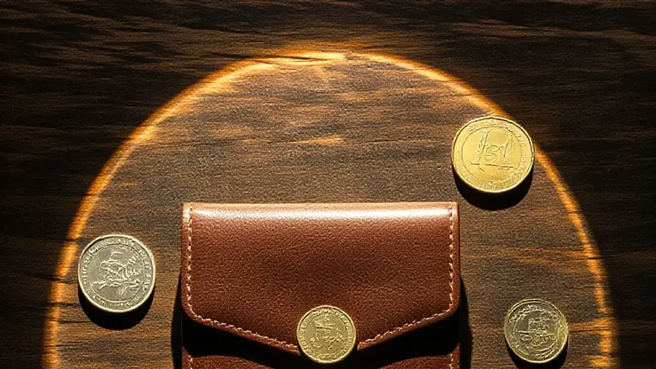 Portefeuille et pièces sur table en chêne sombre