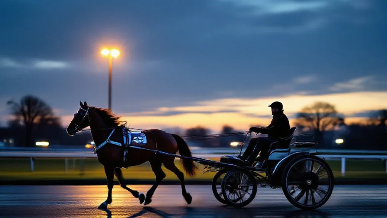 Sulky de trot en pleine action au crépuscule