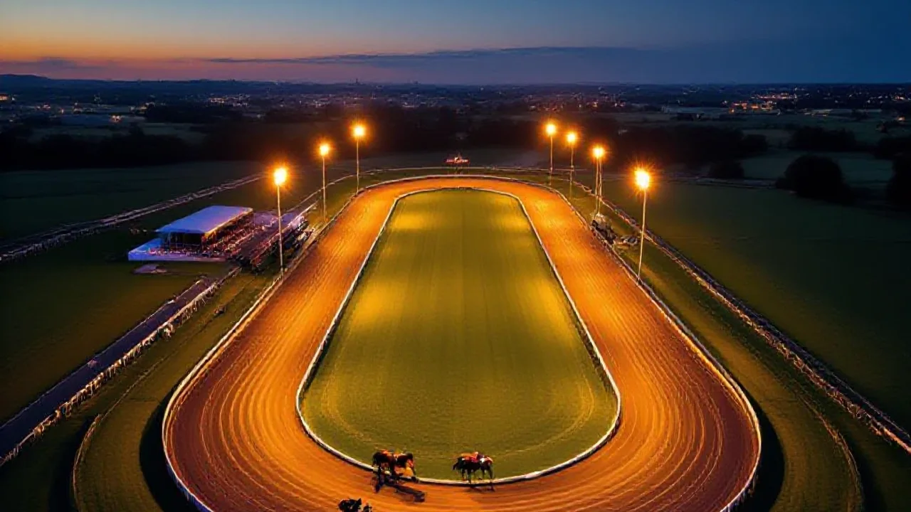 Vue aérienne d’un hippodrome de trot la nuit