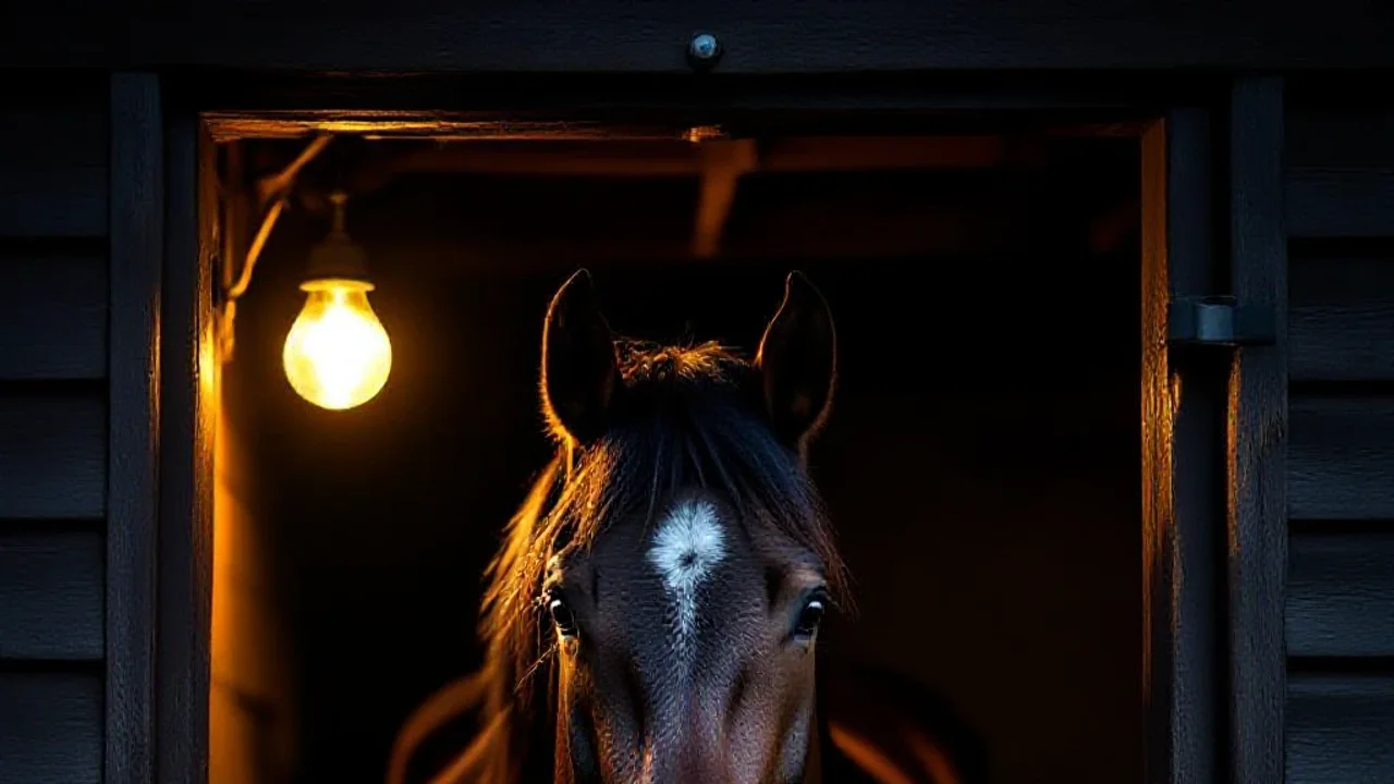 Tête de cheval sortant d’une stalle éclairée