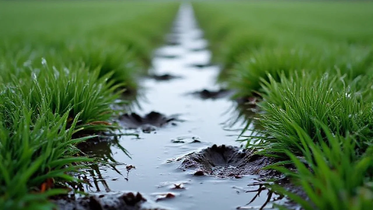 Gazon détrempé après la pluie