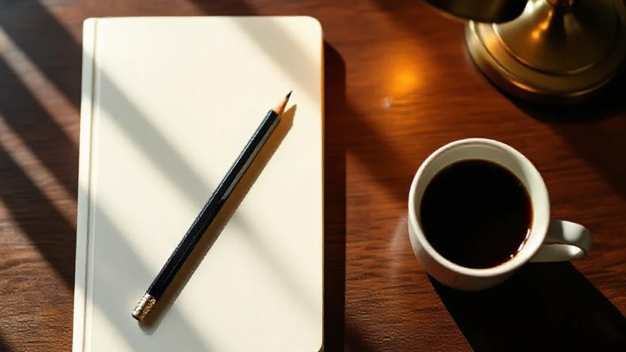 Carnet, crayon et café sur bureau en bois