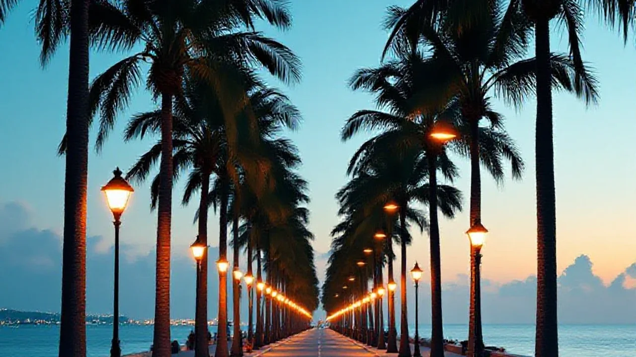 Promenade bordée de palmiers au crépuscule
