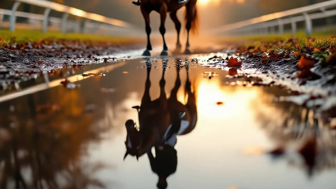 Reflet de cheval et cavalier dans une flaque