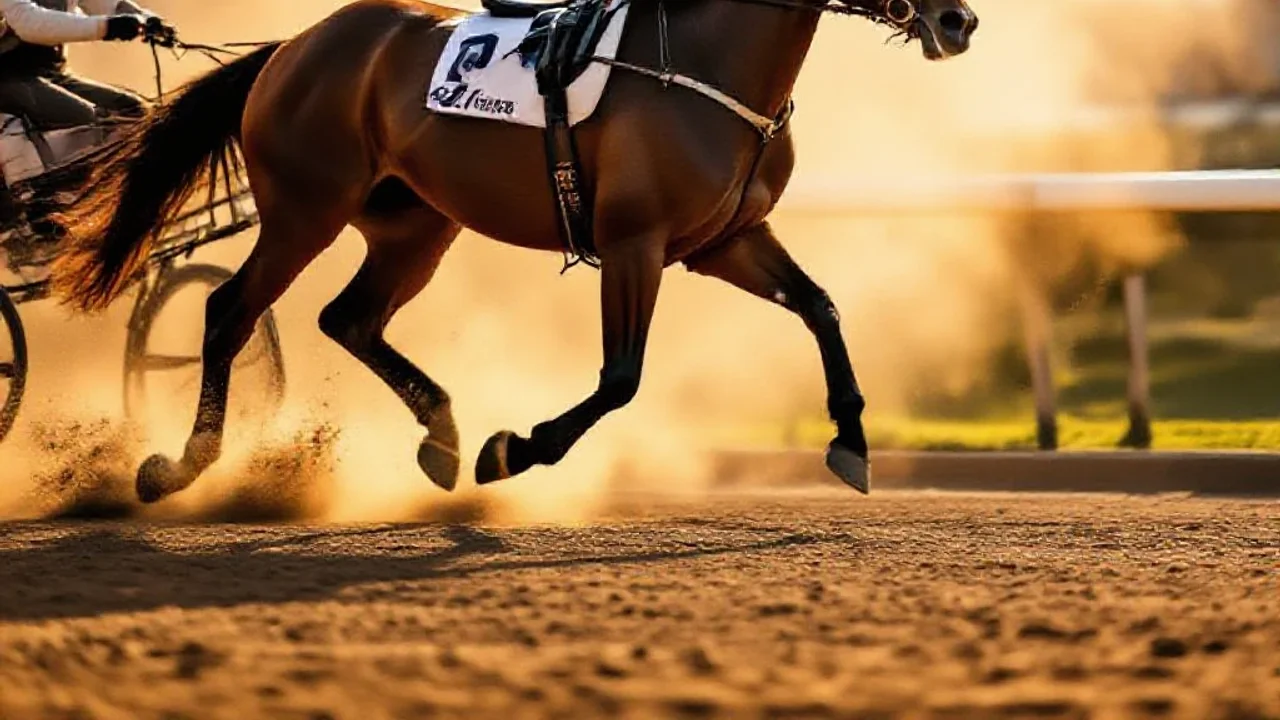 Cheval trotteur en plein galop diagonal