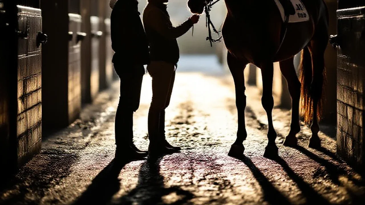 Entraîneur et jockey inspectant un cheval en écurie