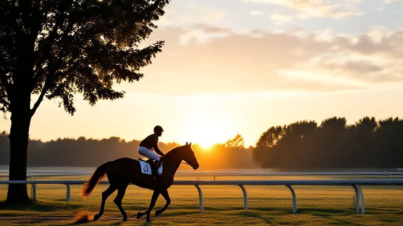 Cheval et jockey sur piste d’entraînement à l’aube