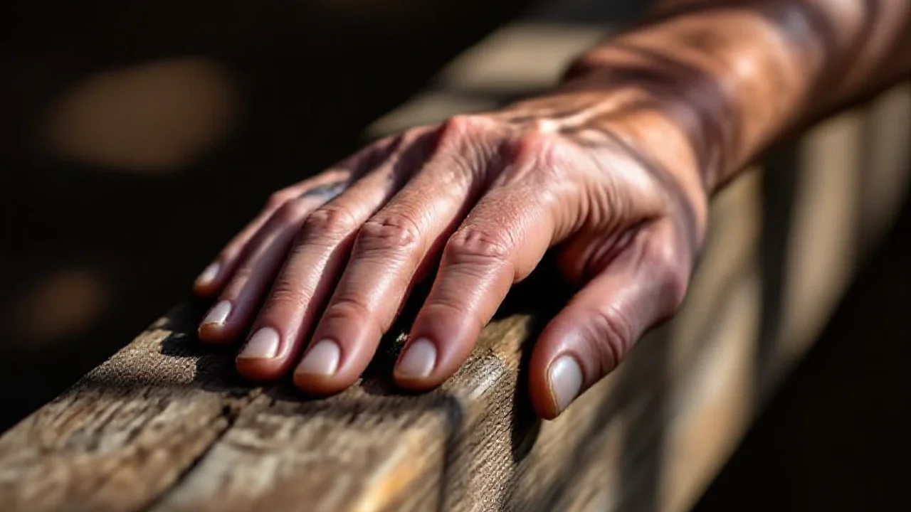 Main posée sur une poutre de bois, symbole de discipline