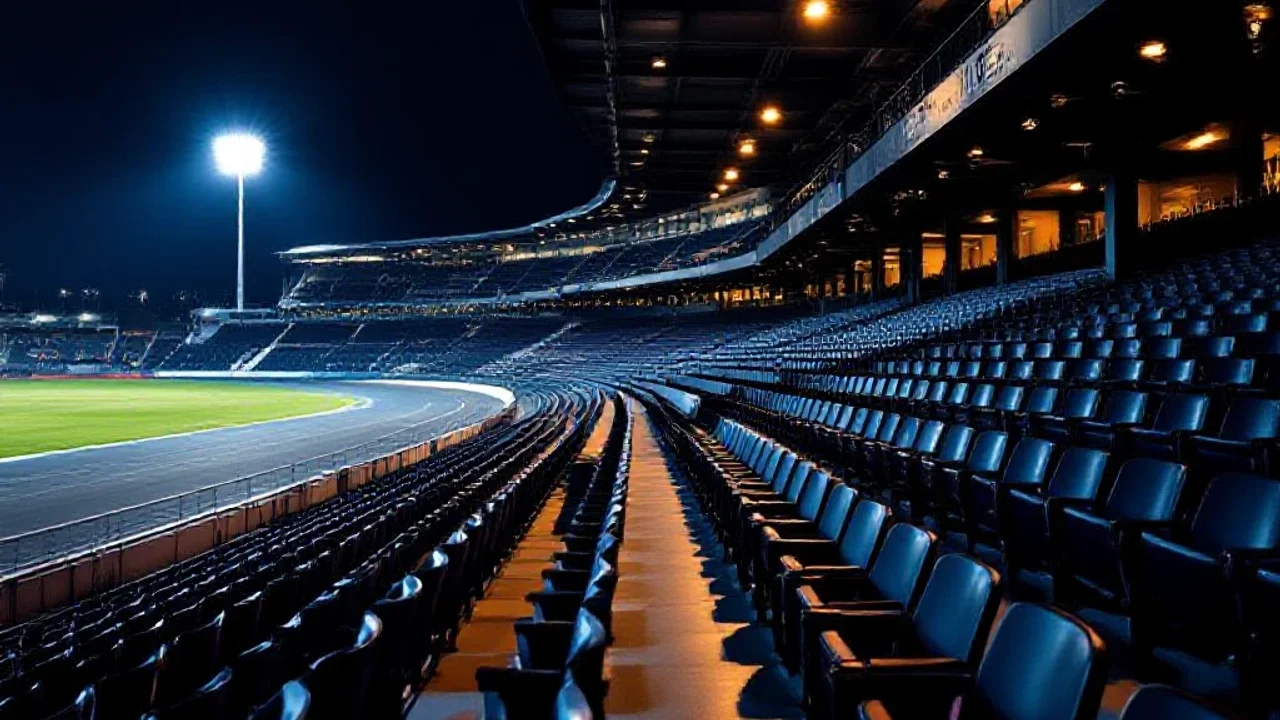 Tribune vide de nuit, ambiance mélancolique