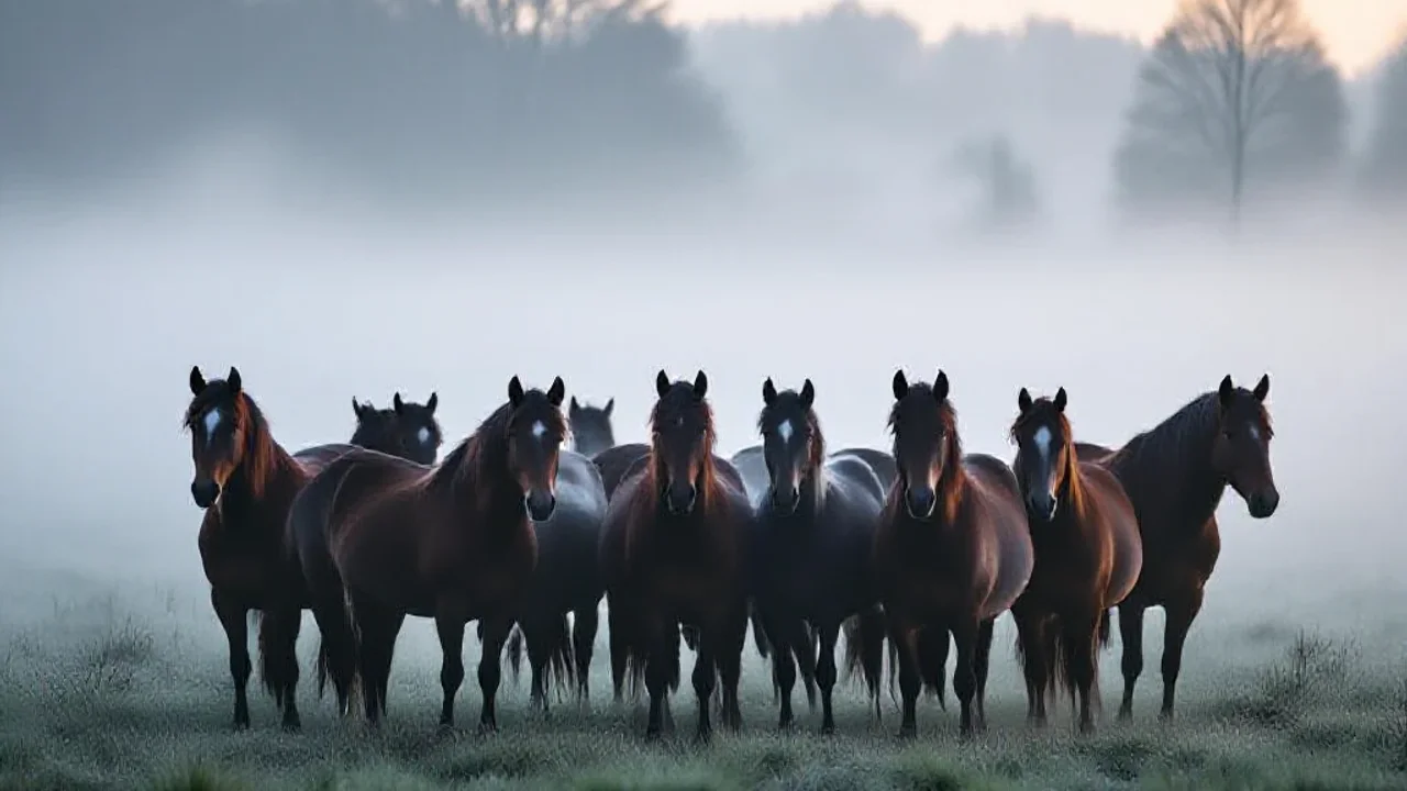 Troupeau de chevaux dans un paddock brumeux