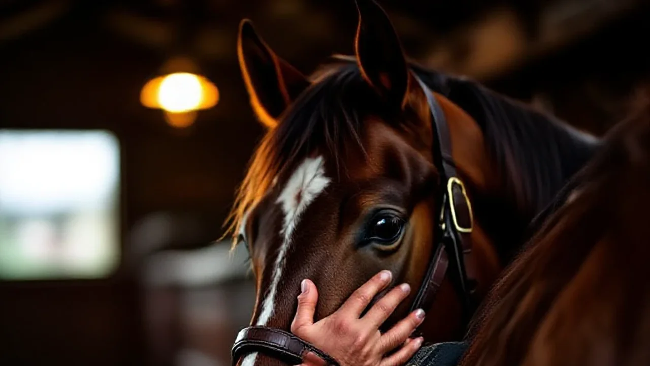 Main d’un entraîneur sur l’encolure d’un cheval