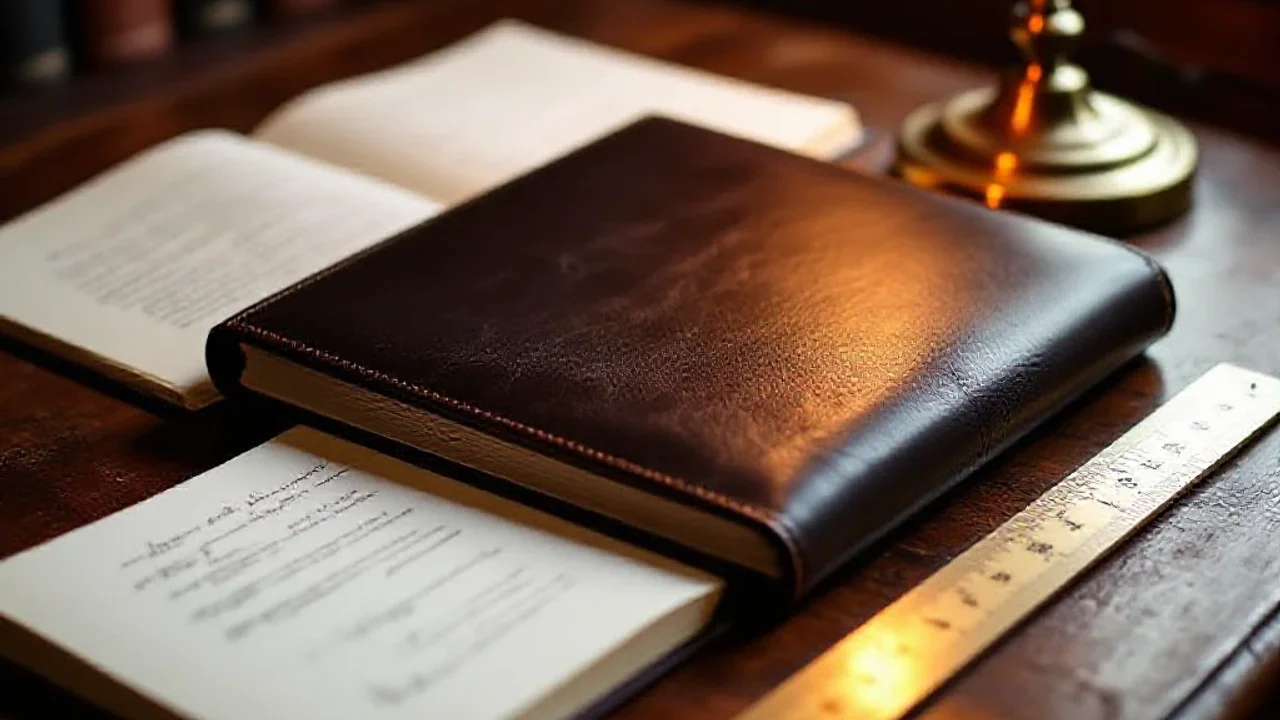 Carnet en cuir et règle sur bureau en chêne