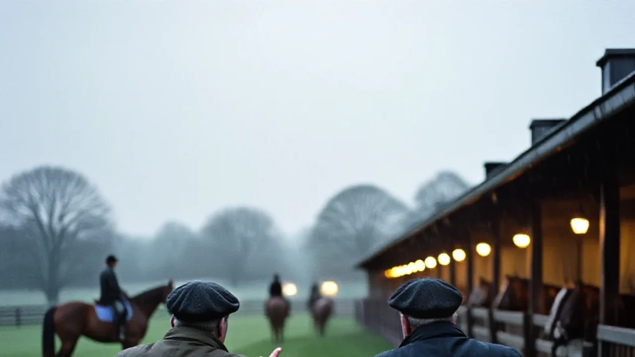 Turfistes au bord de la piste sous la pluie
