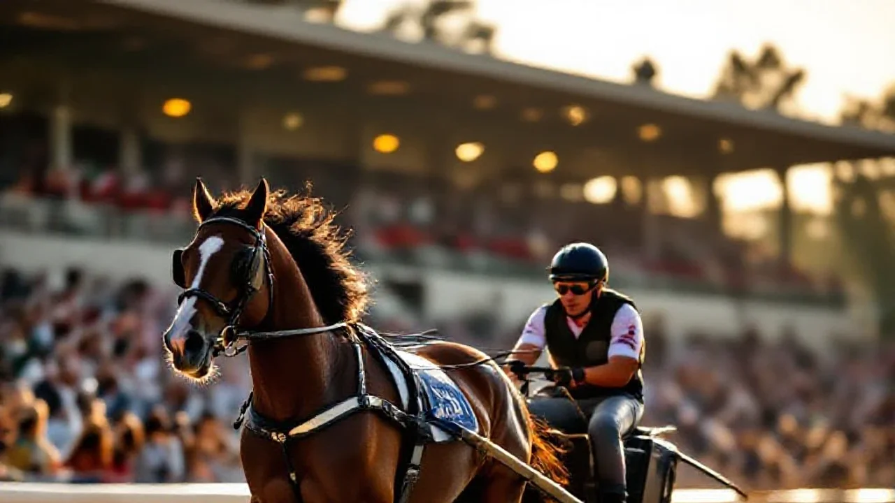 Cheval trotteur en pleine action avec sulky