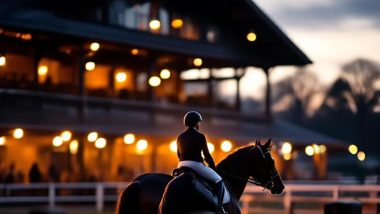 Cheval et jockey isolés dans le paddock au crépuscule